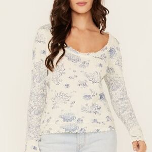 We The Free Floral Knit Top in Cream and Blue